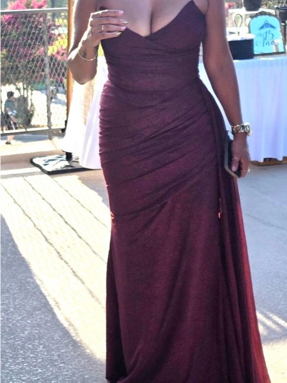 Strapless Burgundy Sparkle Evening Gown - Picture 9 of 9